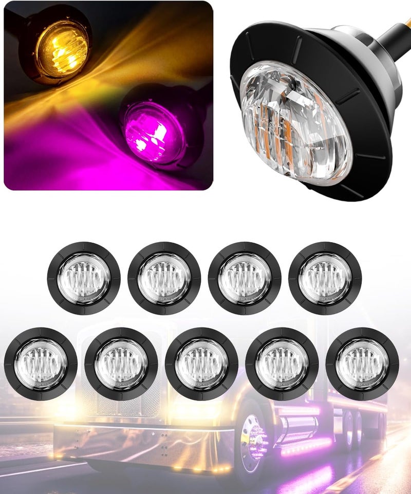 BJZ 3/4" Round Trailer Marker LED Lights Amber to Purple Dual Color Side Clearance Tail Bullet Light 12V 4LED Indicator Light w/Clear Lens for Trailer Truck Van RV ATV Bus, 10Pcs - Image 1